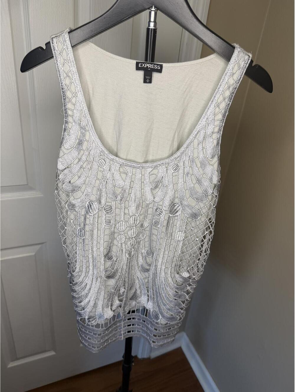 Express Y2K Lace Crochet Tank Top Silver Gray Medium